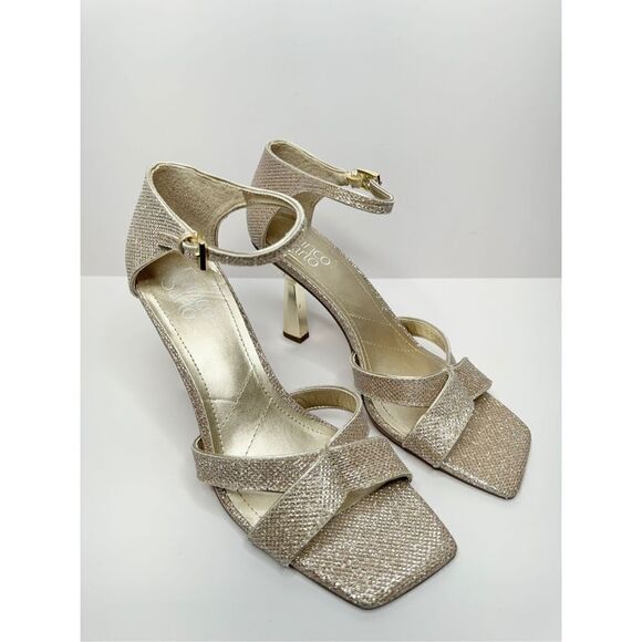 Franco Sarto Sandals Size 9 Gold‎ Leather Ankle Strap Square Toe Dress Heels - Picture 1 of 10